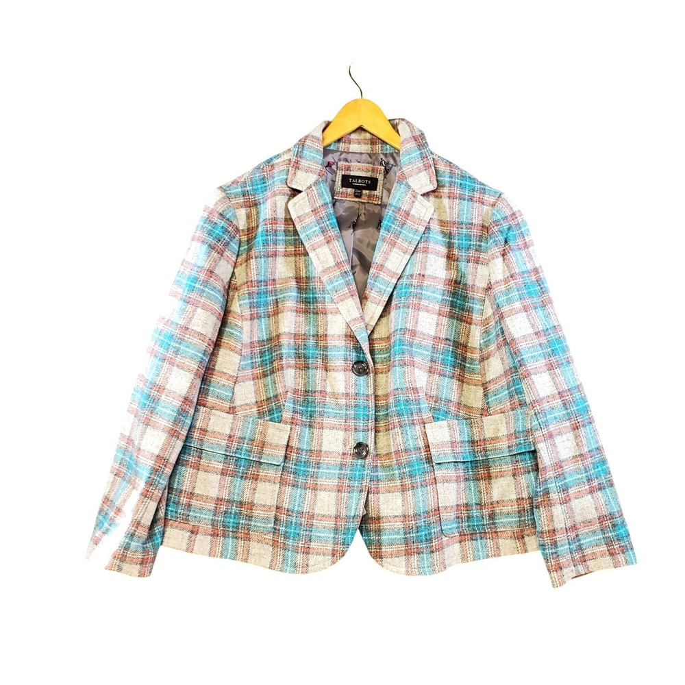 NWOT Talbots Woman Petites Wool Blend Plaid Blazer Blue Pink Ski Lining 22WP